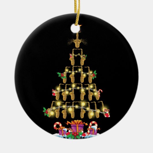 雪のクリスマス装飾のサクソフォンツリーハット セラミックオーナメント (正面)