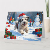 雪のクリスマス走ハットの古い英語シェプドッグの帽子 カード (正面)