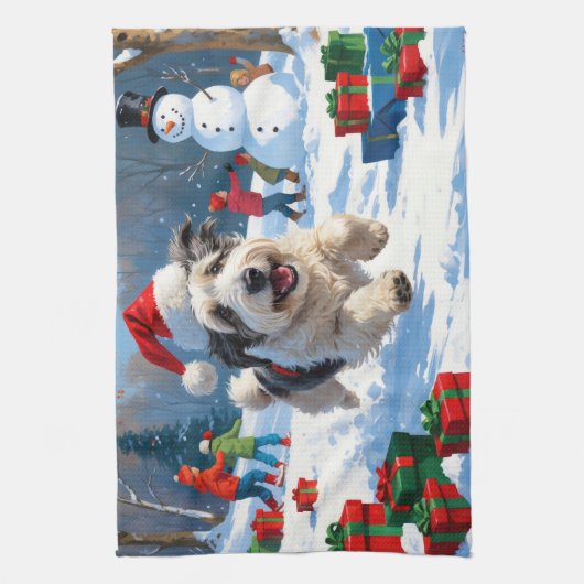 雪のクリスマス走ハットの古い英語シェプドッグの帽子 キッチンタオル (縦)