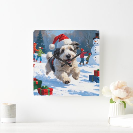 雪のクリスマス走ハットの古い英語シェプドッグの帽子 スクエア壁時計 (ホーム)