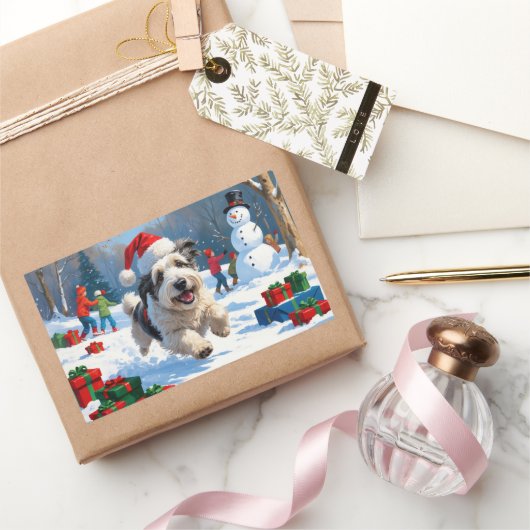 雪のクリスマス走ハットの古い英語シェプドッグの帽子 長方形シール (ギフト)