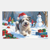 雪のクリスマス走ハットの古い英語シェプドッグの帽子 長方形シール (正面)