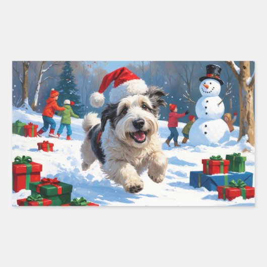 雪のクリスマス走ハットの古い英語シェプドッグの帽子 長方形シール (正面)