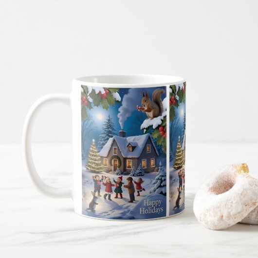 雪のクリスマス 冬の村 コーヒーマグカップ (ドーナツ)