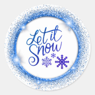 雪のグリッター青フェイクと白のステッカー ラウンドシール