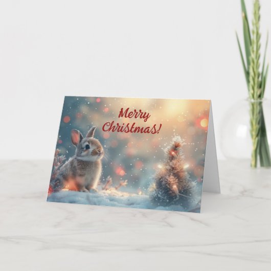 雪のグリーティングカードに可愛いバニーのクリスマスカード サンキューカード (正面)
