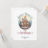 雪のグローブのギンガーブレッドハウスクリスマスホリデー カード (正面/裏面インサイチュ)