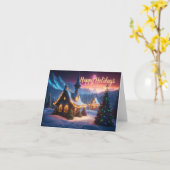 雪のコテージの休日の願い カード (黄色い花)