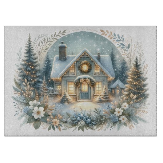 雪のコテージの光景 カッティングボード (正面)