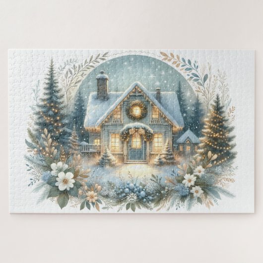 雪のコテージの光景 ジグソーパズル (横)