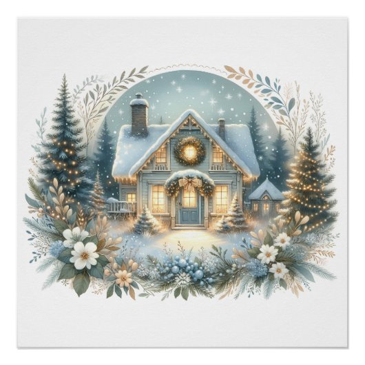 雪のコテージの光景 ポスター (正面)