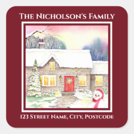 雪のコテージの絵画水の色の正方形の赤い枠 スクエアシール