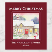 雪のコテージの絵画水の色の正方形の赤い枠 ワインラベル (シングルラベル)