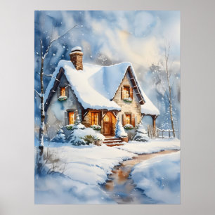雪のコテージウォーター絵を描カラーズアート ポスター