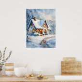 雪のコテージウォーター絵を描カラーズアート ポスター (キッチン)