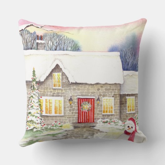 雪のコテージウォーター絵画カラー クッション (裏面)