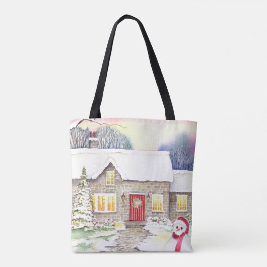 雪のコテージウォーター絵画カラー トートバッグ (裏面)