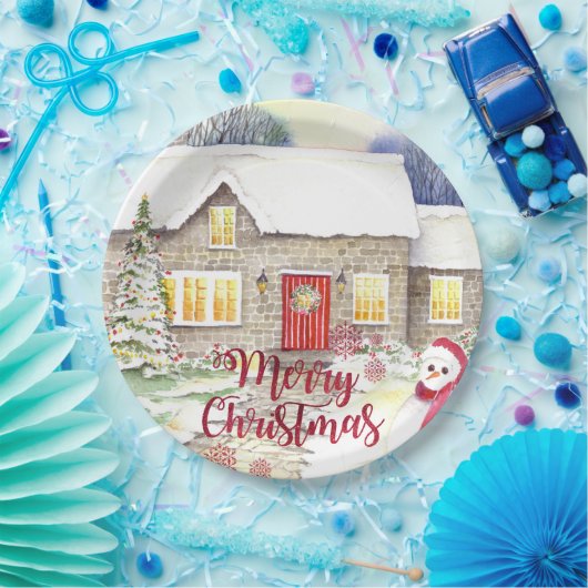 雪のコテージウォーター絵画カラー ペーパープレート (パーティー)