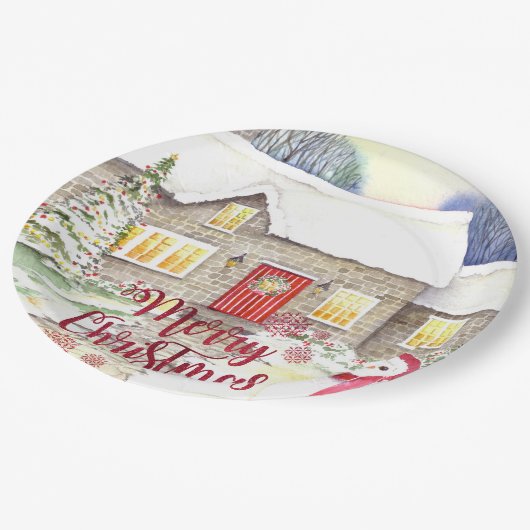 雪のコテージウォーター絵画カラー ペーパープレート (アングル)