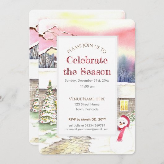 雪のコテージクリスマスニューイヤーパーティの招待状 招待状 (正面/裏面)