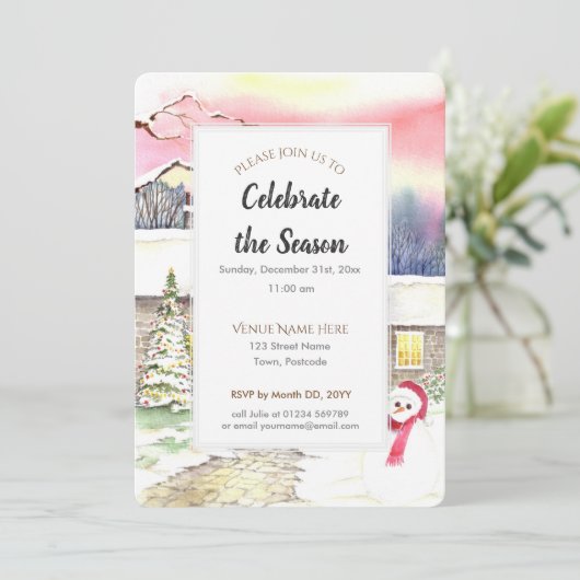 雪のコテージクリスマスニューイヤーパーティの招待状 招待状 (スタンド正面)