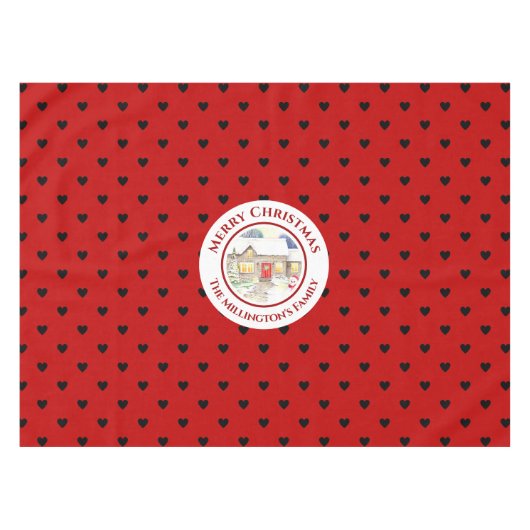 雪のコテージクリスマスレッドブルーハートパターン テーブルクロス (正面(横))