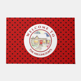 雪のコテージクリスマスレッドブルーハートパターン ドアマット