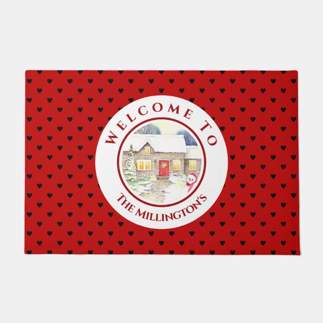 雪のコテージクリスマスレッドブルーハートパターン ドアマット (正面)