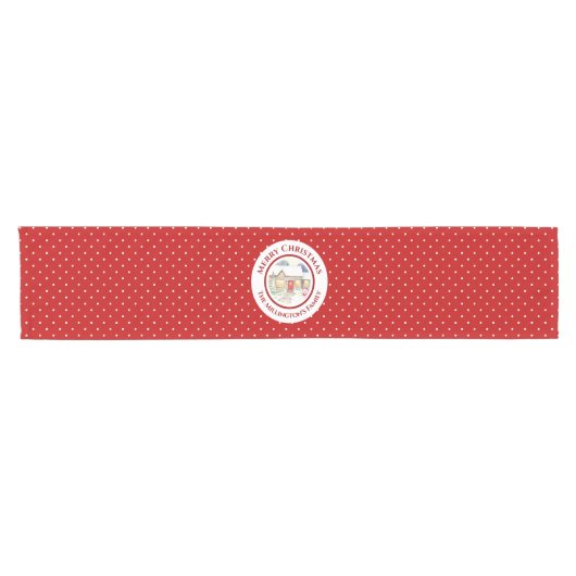 雪のコテージクリスマスレッドホワイト水玉模様 ショートテーブルランナー (横)