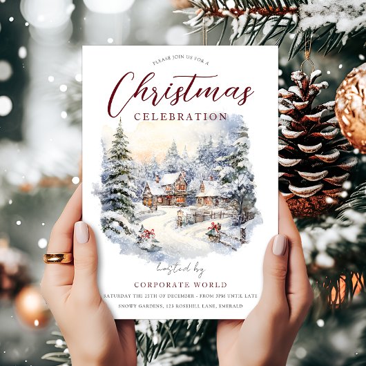 雪のコテージツリー企業のクリスマスパーティー 招待状