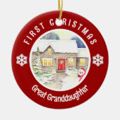 雪のコテージ初めてのクリスマスレッドサークル セラミックオーナメント (正面)