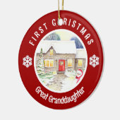 雪のコテージ初めてのクリスマスレッドサークル セラミックオーナメント (左)