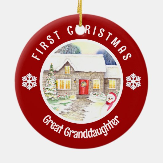 雪のコテージ初めてのクリスマスレッドサークル セラミックオーナメント (裏面)