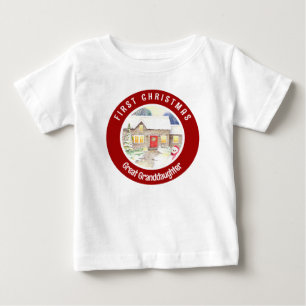雪のコテージ初めてのクリスマスレッドサークル ベビーTシャツ