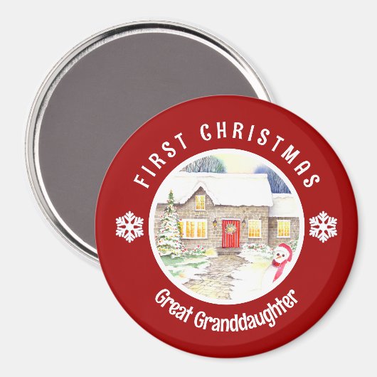 雪のコテージ初めてのクリスマスレッドサークル マグネット (正面/裏面)