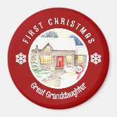 雪のコテージ初めてのクリスマスレッドサークル マグネット (正面)