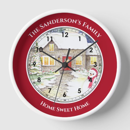 雪のコテージ水の色ローマ数字ラージクロック 壁時計 (正面)