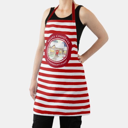 雪のコテージ雪だるま水の色の赤い円 エプロン (インサイチュ)