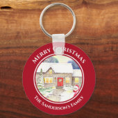 雪のコテージ雪だるま水の色の赤い円 キーホルダー (正面)