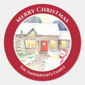 雪のコテージ雪だるま水の色の赤い円 ラウンドシール (正面)