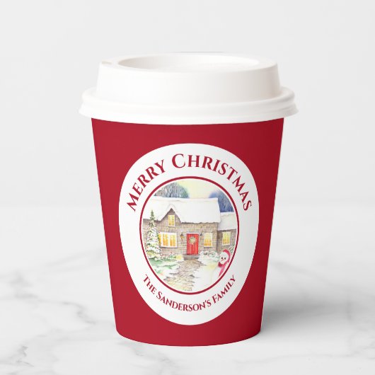 雪のコテージ雪だるま水の色ホワイトサークル 紙コップ (裏面)