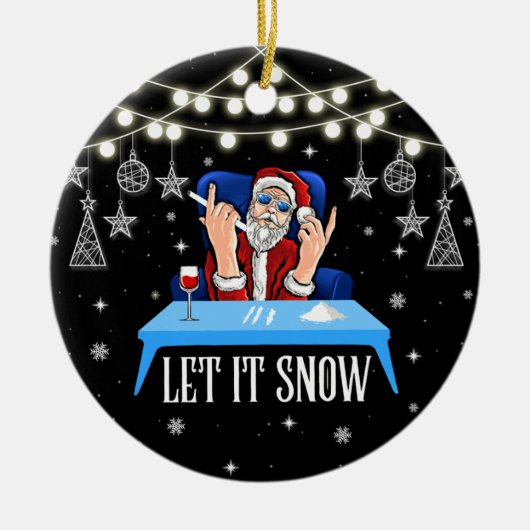 雪のサンタ大人のユーモアクリスマス おもしろい セラミックオーナメント (正面)