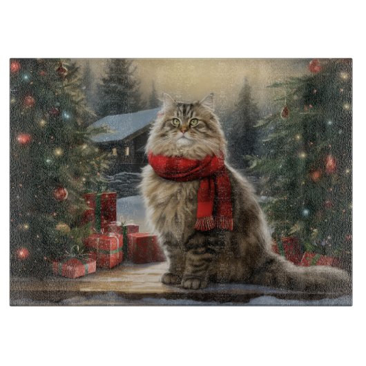 雪のシベリアン・キャットのクリスマス カッティングボード (正面)