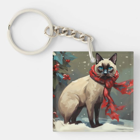 雪のシャム猫 クリスマス キーホルダー (正面)