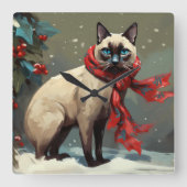 雪のシャム猫 クリスマス スクエア壁時計 (正面)