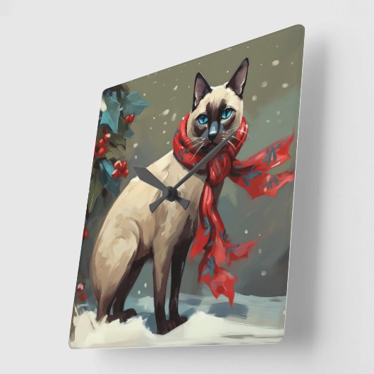 雪のシャム猫 クリスマス スクエア壁時計 (傾斜)
