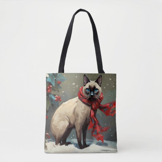 雪のシャム猫 クリスマス トートバッグ (正面)