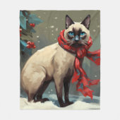 雪のシャム猫 クリスマス フリースブランケット (正面)