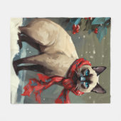 雪のシャム猫 クリスマス フリースブランケット (正面(横))