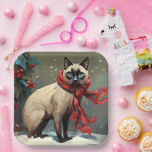 雪のシャム猫 クリスマス ペーパープレート (パーティー)